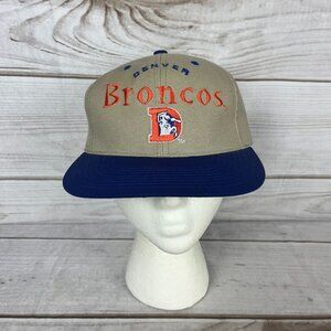 Vintage Drew Pearson Denver Broncos Snapback Hat Khaki Tan Blue Logo DAMAGED